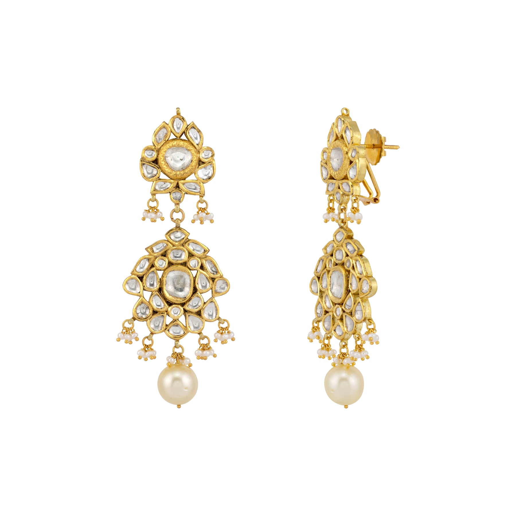 Floral Polki Earrings with Emerald Maniya and Pearl Beads